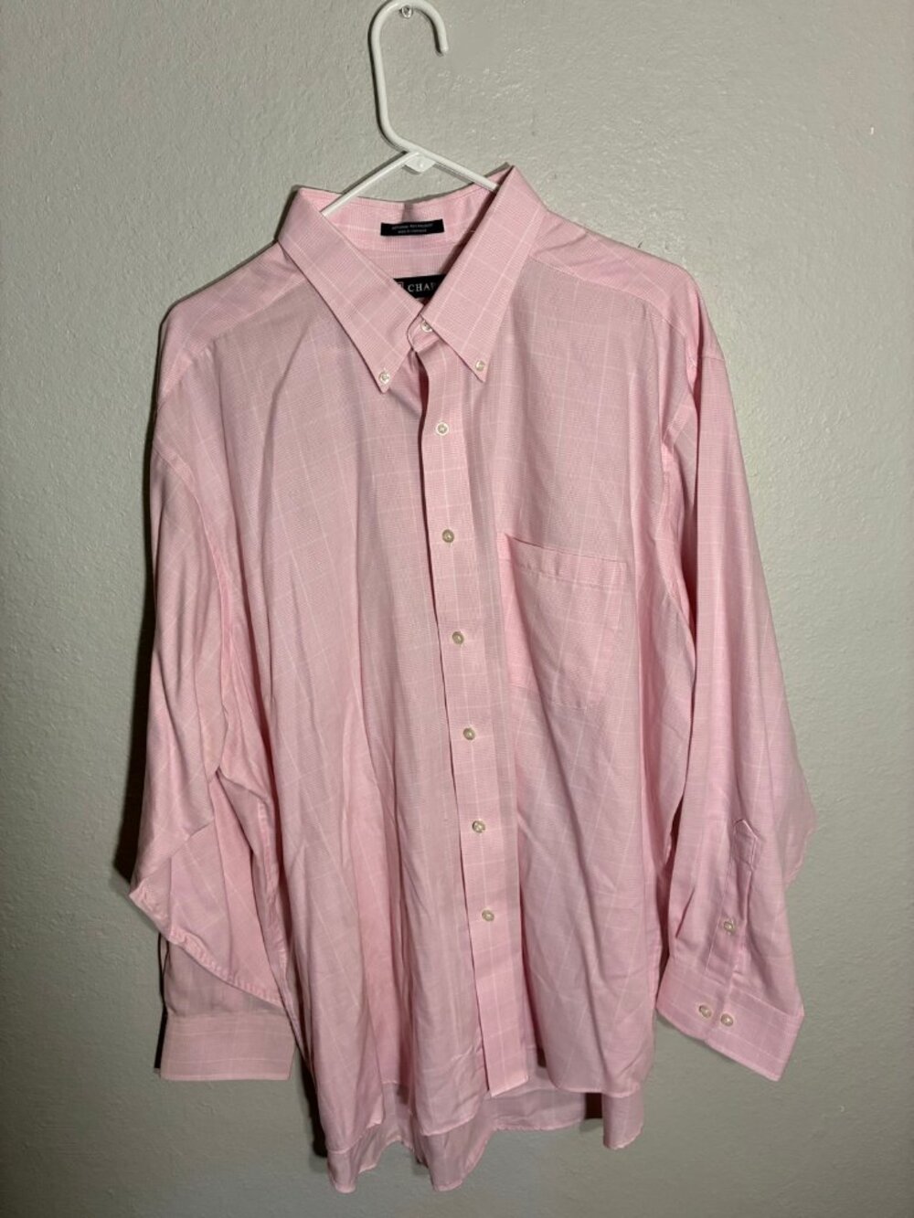 Chaps Button Up Shirt Mens XXL Pink Check Wrinkle Free Dress Shirt